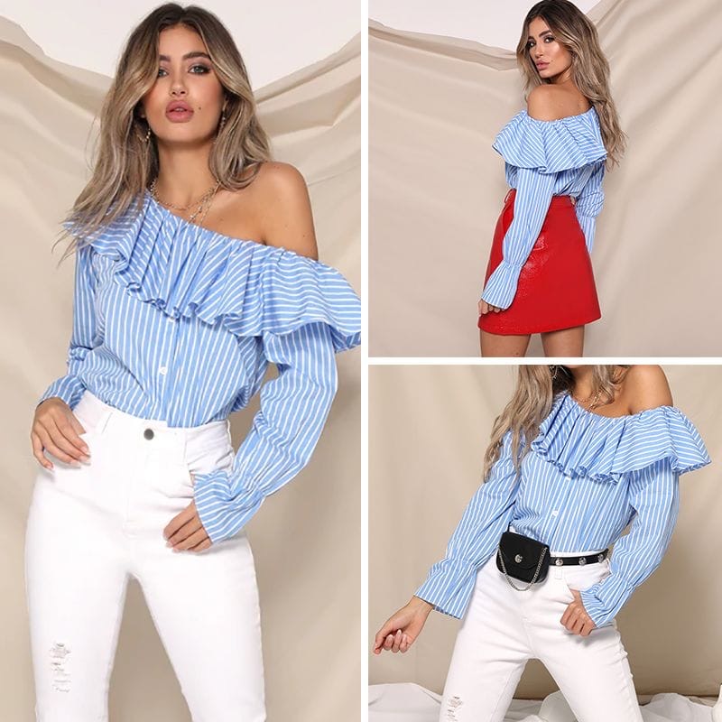 Stripe one off shoulder frill blouse XD21
