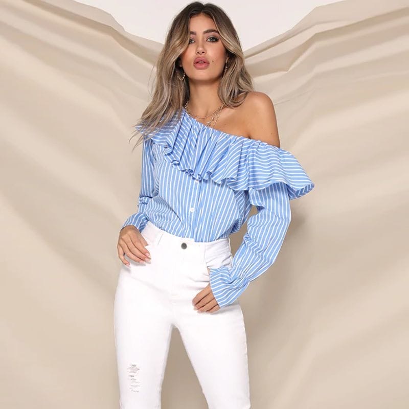 Stripe one off shoulder frill blouse XD21