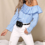Stripe one off shoulder frill blouse XD21