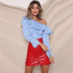 Stripe one off shoulder frill blouse XD21