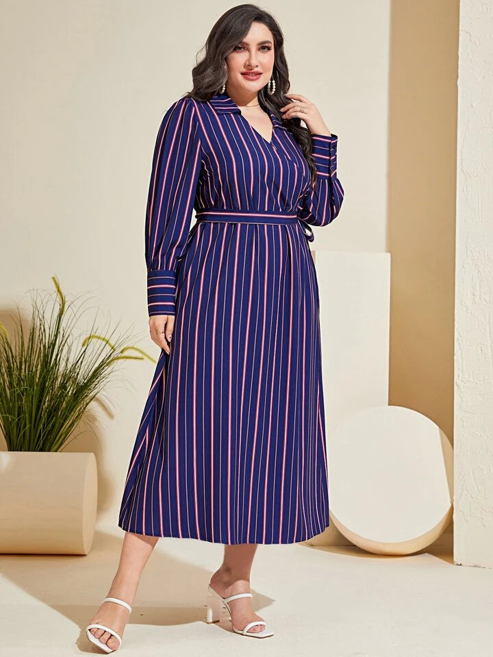 Striped Wrap Plus Size Shirt Midi Dress XD21