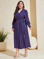 Striped Wrap Plus Size Shirt Midi Dress XD21