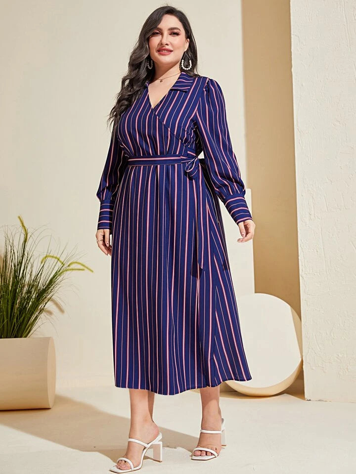 Striped Wrap Plus Size Shirt Midi Dress XD21