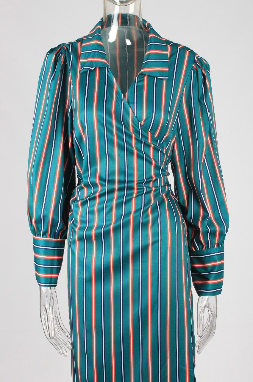 Striped Wrap Plus Size Shirt Midi Dress XD21