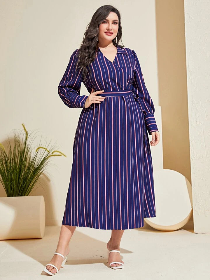 Striped Wrap Plus Size Shirt Midi Dress XD21