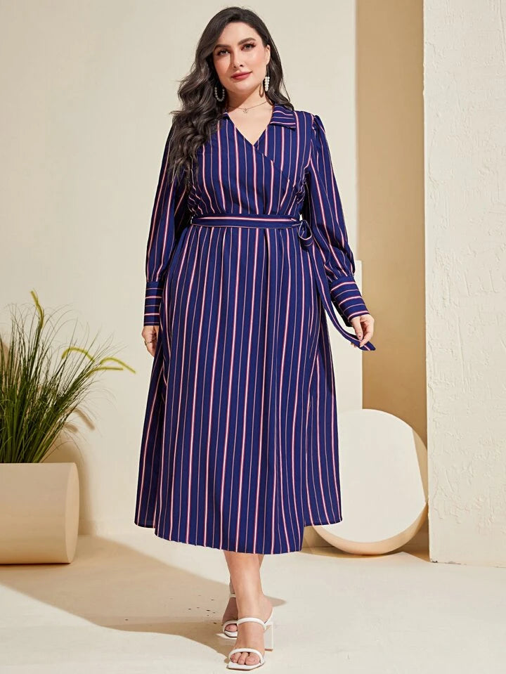 Striped Wrap Plus Size Shirt Midi Dress XD21