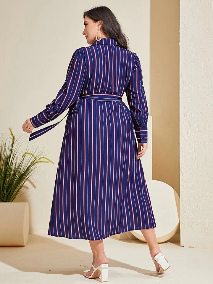 Striped Wrap Plus Size Shirt Midi Dress XD21