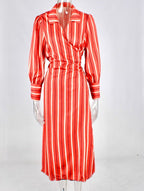 Striped Wrap Plus Size Shirt Midi Dress XD21