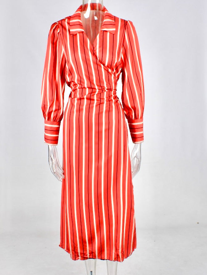 Striped Wrap Plus Size Shirt Midi Dress XD21
