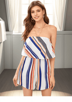 Striped print off-shoulder shorts jumpsuit XD21