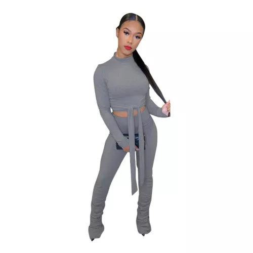 Stylish Long Sleeves Solid Tie-Front Bodycon Casual Jumpsuit 2pcs XD21