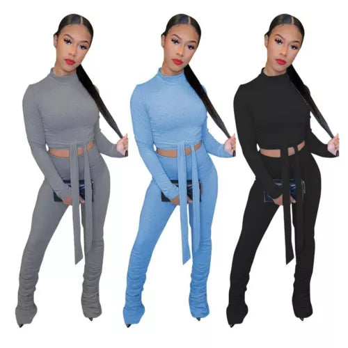 Stylish Long Sleeves Solid Tie-Front Bodycon Casual Jumpsuit 2pcs XD21