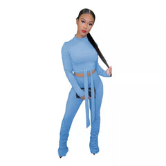 Stylish Long Sleeves Solid Tie-Front Bodycon Casual Jumpsuit 2pcs XD21