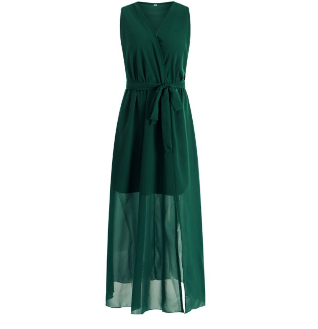 Surplice Neck Belted Chiffon Maxi Dress With Belt XD21