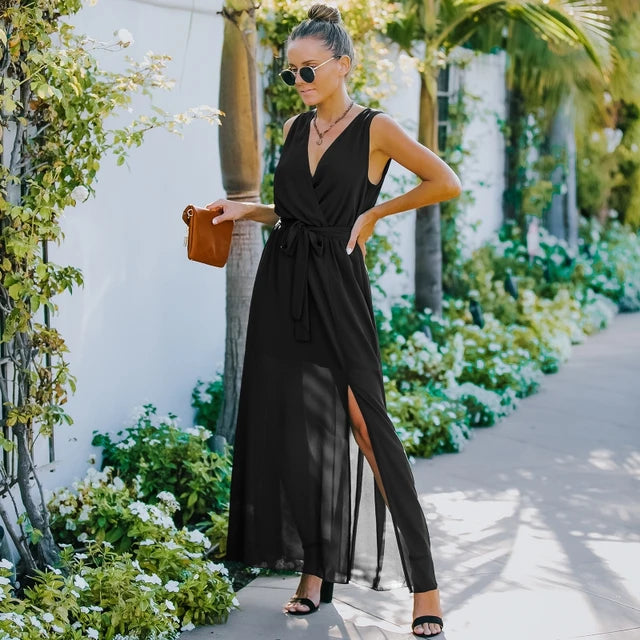 Surplice Neck Belted Chiffon Maxi Dress With Belt XD21