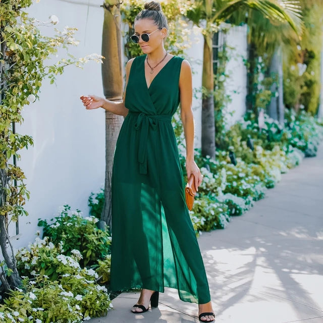Surplice Neck Belted Chiffon Maxi Dress With Belt XD21