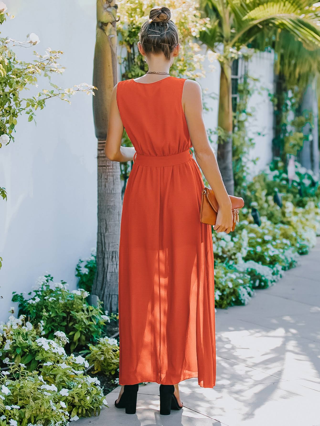 Surplice Neck Belted Chiffon Maxi Dress With Belt XD21