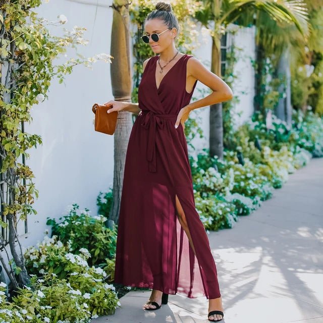 Surplice Neck Belted Chiffon Maxi Dress With Belt - XD21 Surplice Neck Belted Chiffon Maxi Dress With Belt - XD21