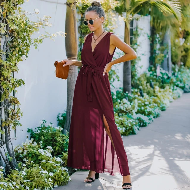 Surplice Neck Belted Chiffon Maxi Dress With Belt XD21