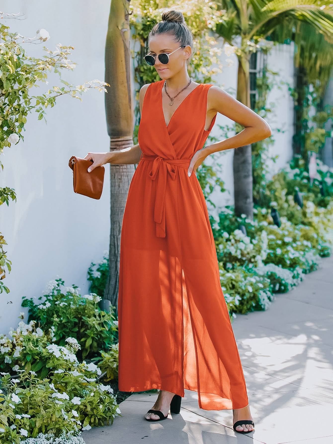 Surplice Neck Belted Chiffon Maxi Dress With Belt XD21