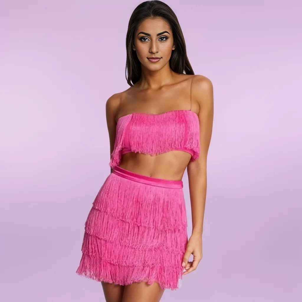 Tassel Pop Pink Vintage Two Piece Skirt Set XD21