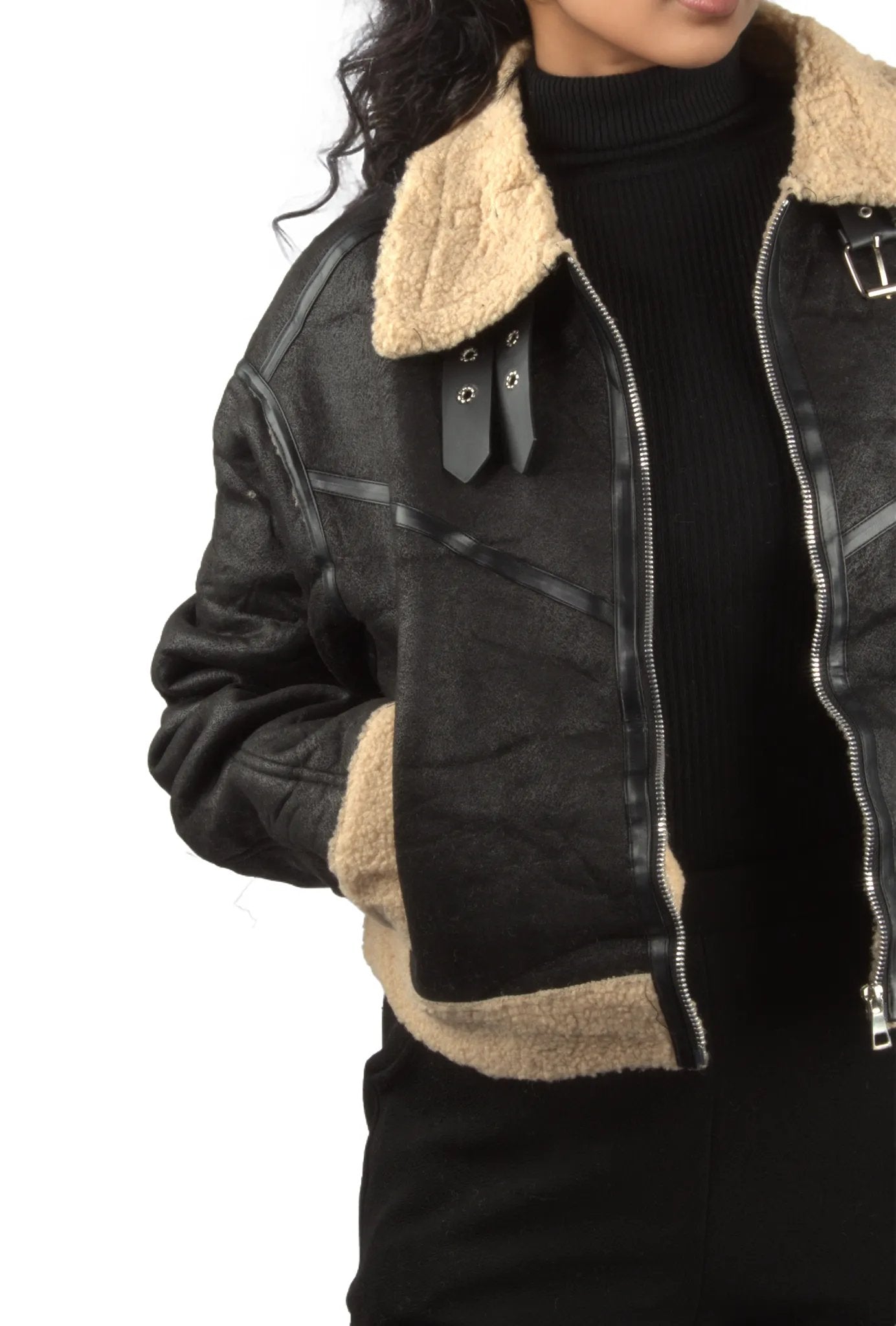 Teddy Lined Zip Up PU Leather Jacket XD21