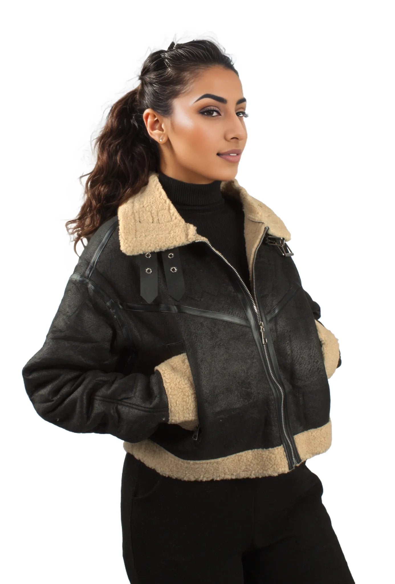Teddy Lined Zip Up PU Leather Jacket XD21