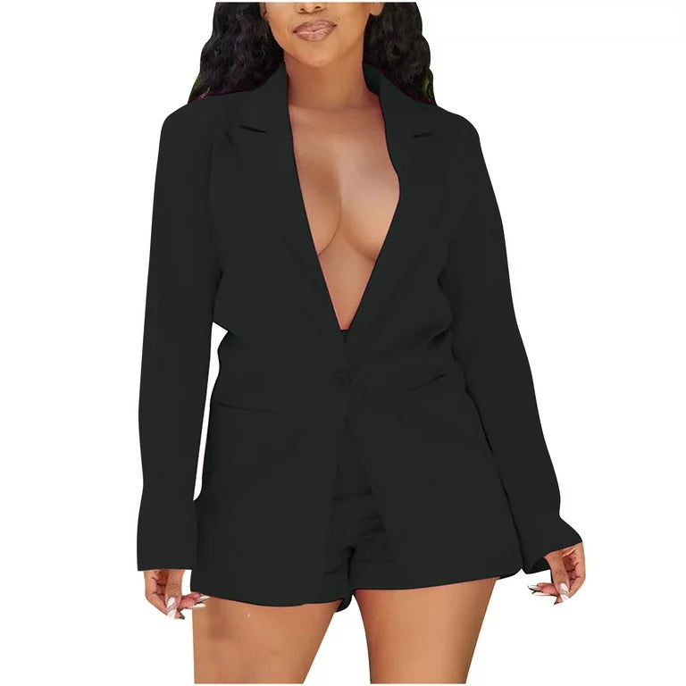 Thin Matching Sets Long Sleeve Blazer Coat and Shorts Set XD21