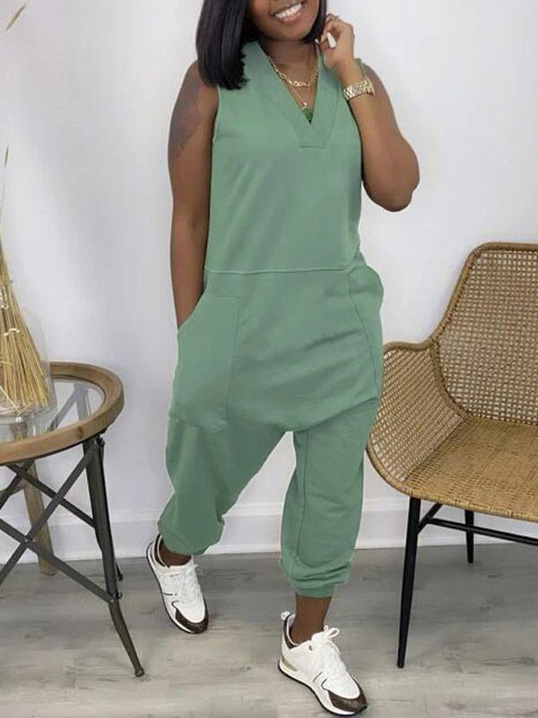 Thin Summer V Neck Pocket Jumpsuit XD21