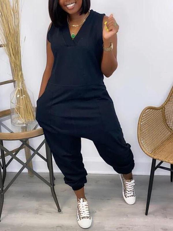 Thin Summer V Neck Pocket Jumpsuit XD21