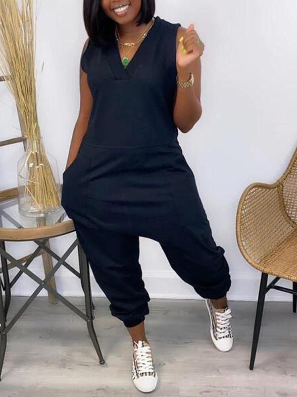 Thin Summer V Neck Pocket Jumpsuit XD21