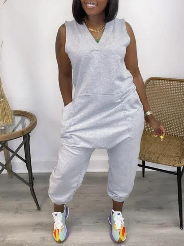 Thin Summer V Neck Pocket Jumpsuit XD21