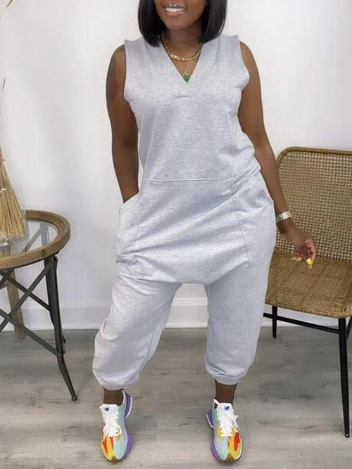 Thin Summer V Neck Pocket Jumpsuit XD21