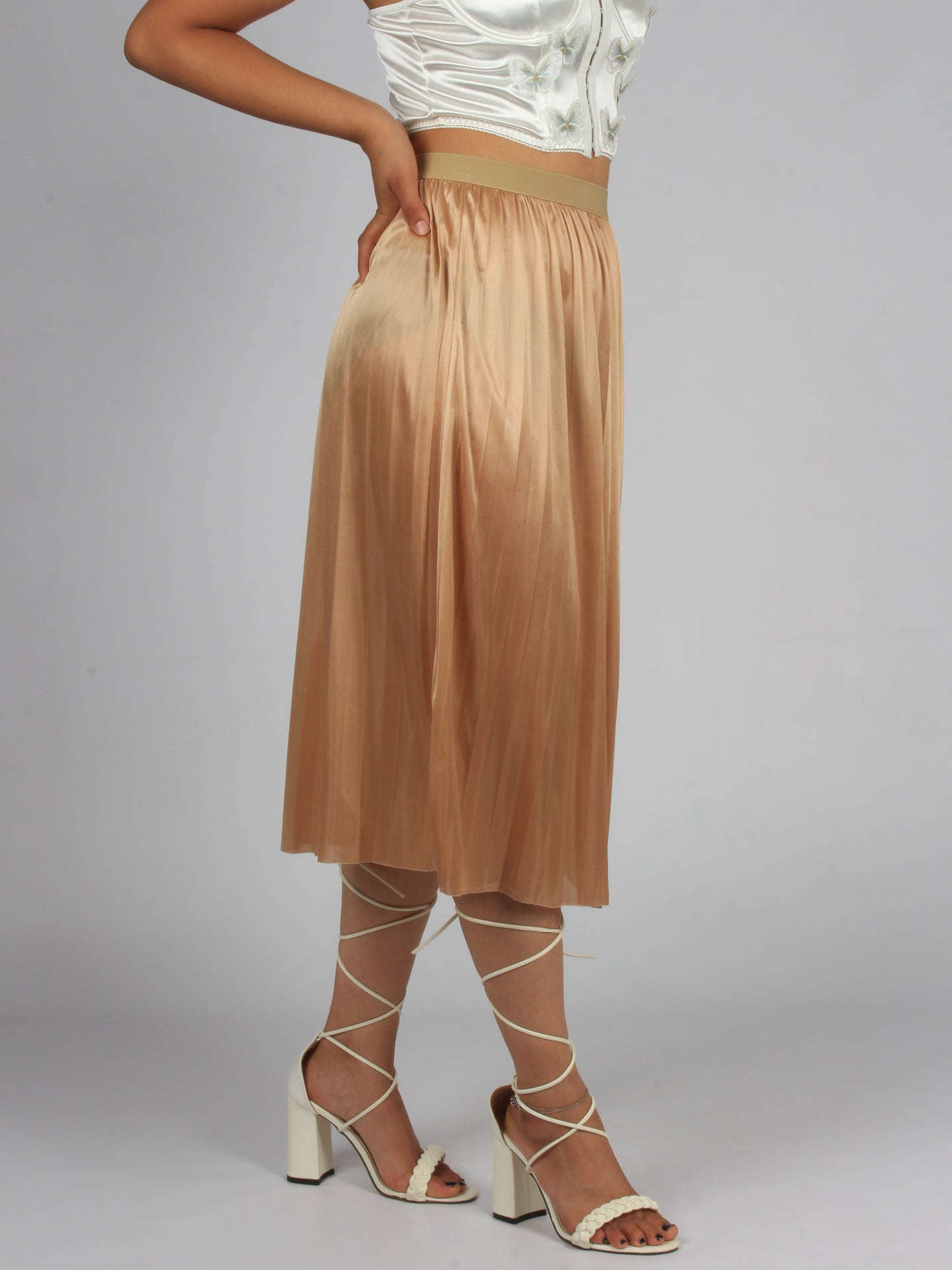 Thin silky pleated elastic waist midi skirt XD21