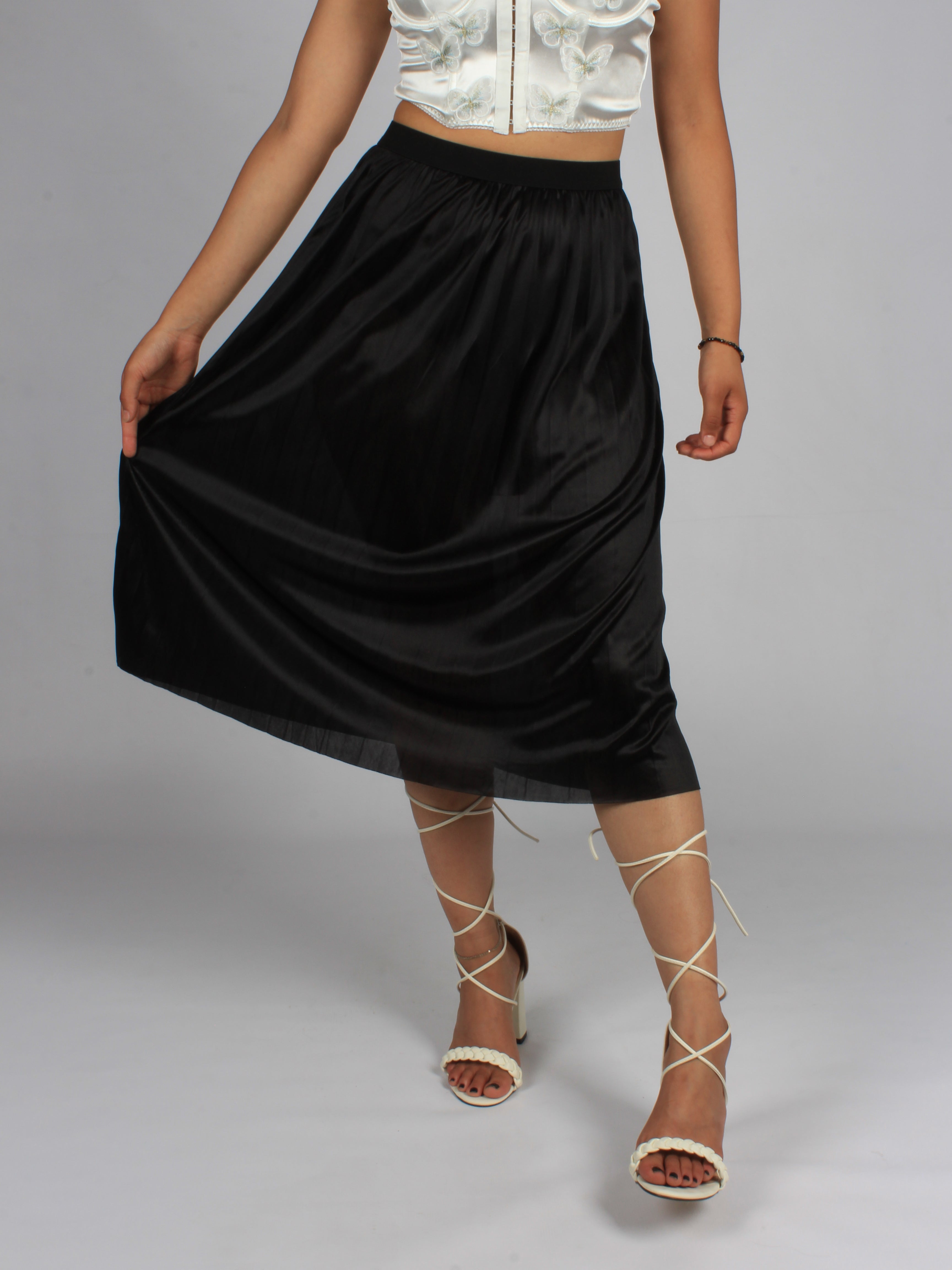 Thin silky pleated elastic waist midi skirt XD21