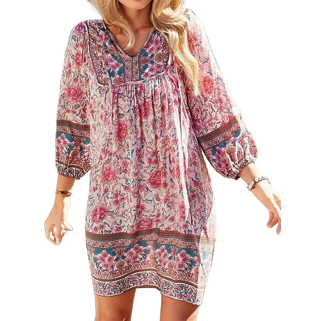 Three Qurater Sleeve Floral Print Flowy Bohemian Beach Dress XD21