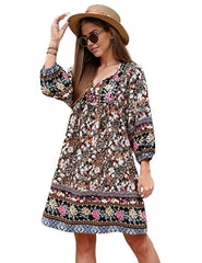 Three Qurater Sleeve Floral Print Flowy Bohemian Beach Dress XD21