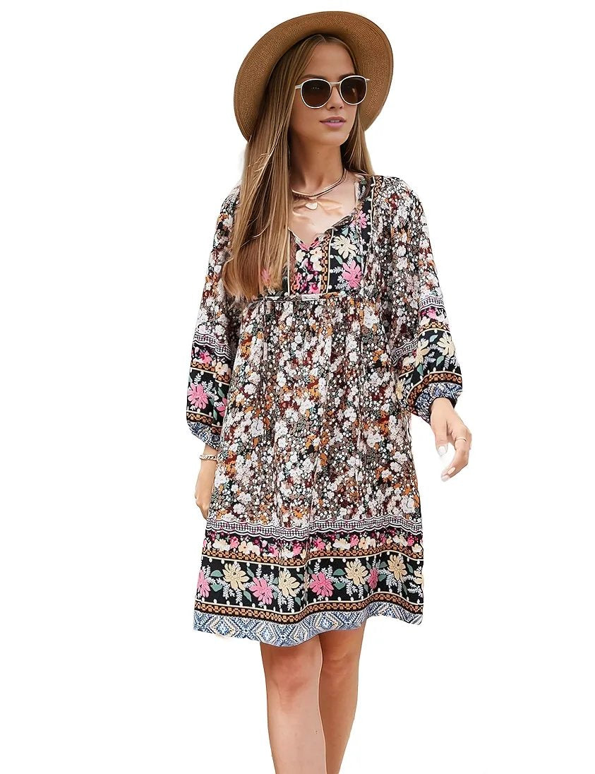 Three Qurater Sleeve Floral Print Flowy Bohemian Beach Dress XD21