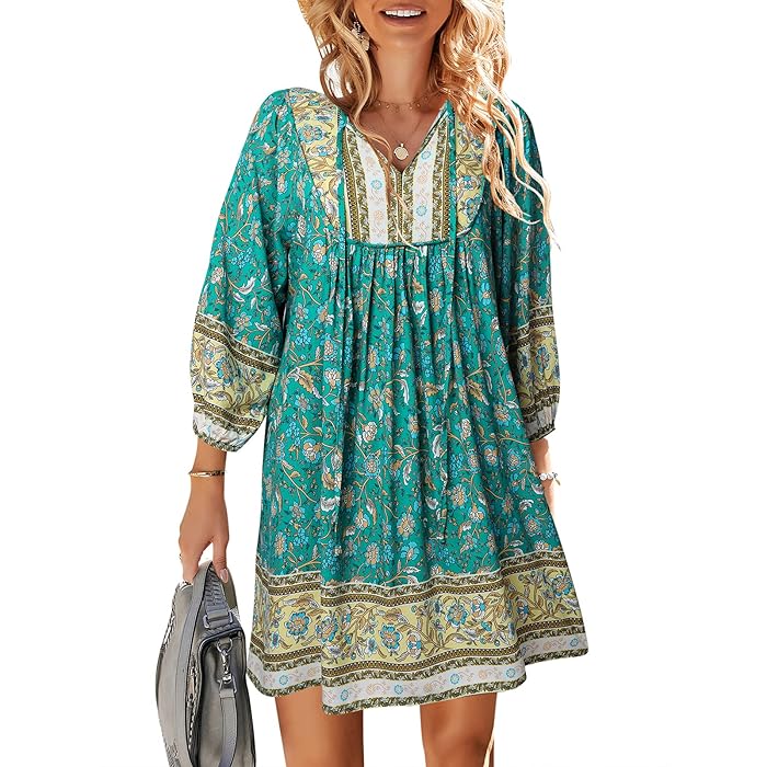 Three Qurater Sleeve Floral Print Flowy Bohemian Beach Dress XD21