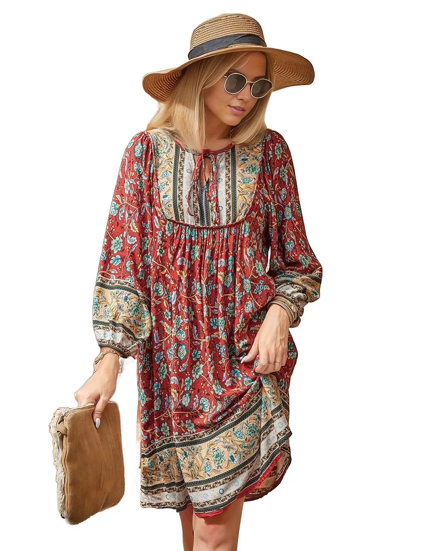 Three Qurater Sleeve Floral Print Flowy Bohemian Beach Dress XD21