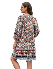 Three Qurater Sleeve Floral Print Flowy Bohemian Beach Dress XD21