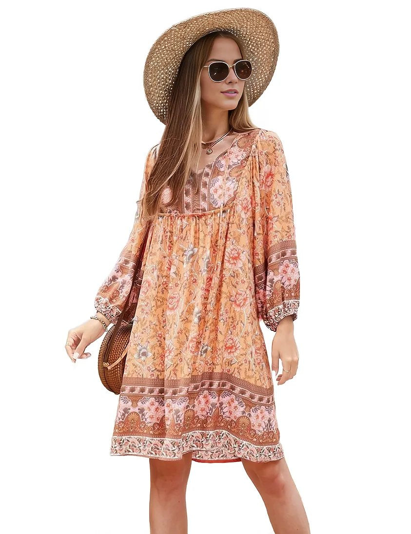 Three Qurater Sleeve Floral Print Flowy Bohemian Beach Dress XD21