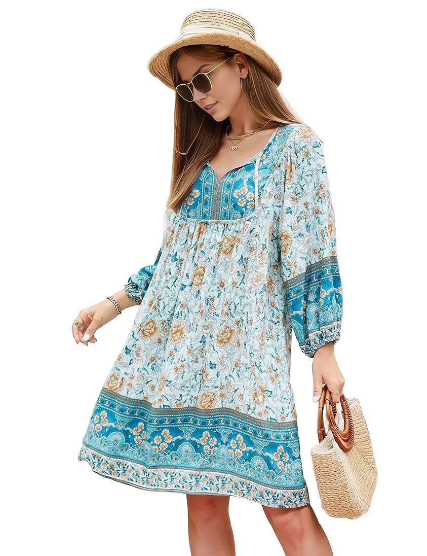 Three Qurater Sleeve Floral Print Flowy Bohemian Beach Dress XD21