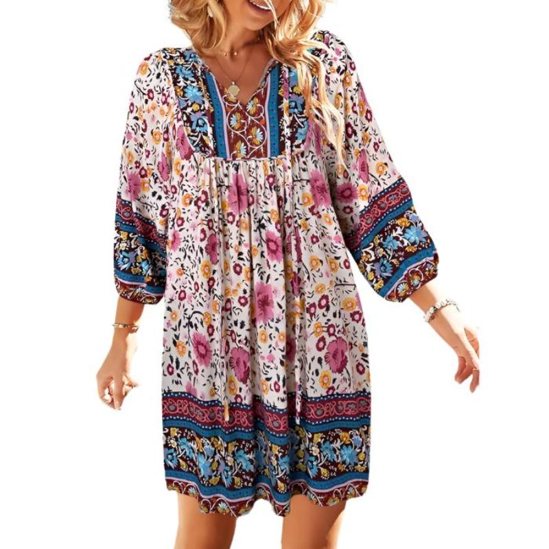 Three Qurater Sleeve Floral Print Flowy Bohemian Beach Dress XD21