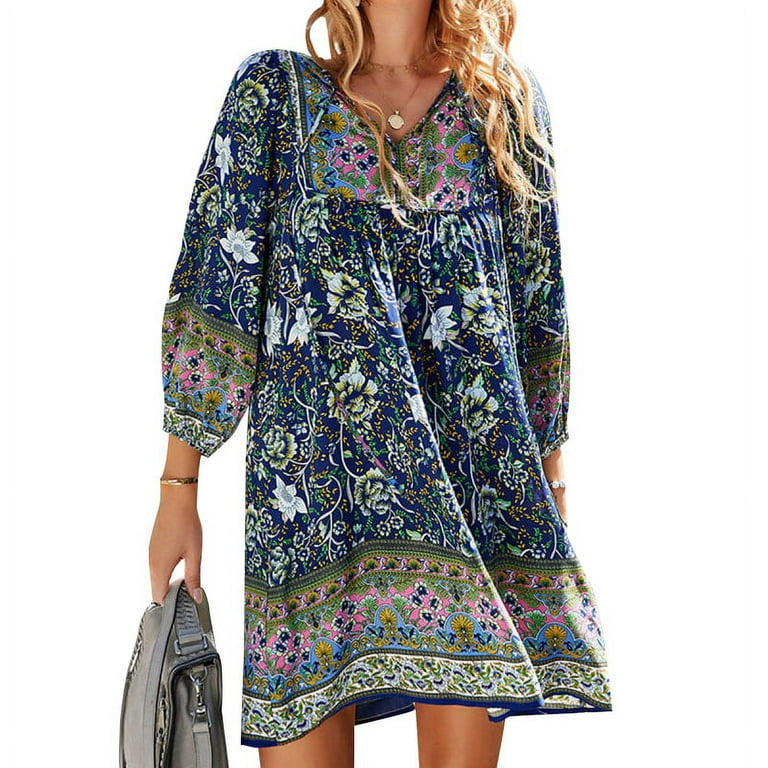 Three Qurater Sleeve Floral Print Flowy Bohemian Beach Dress XD21