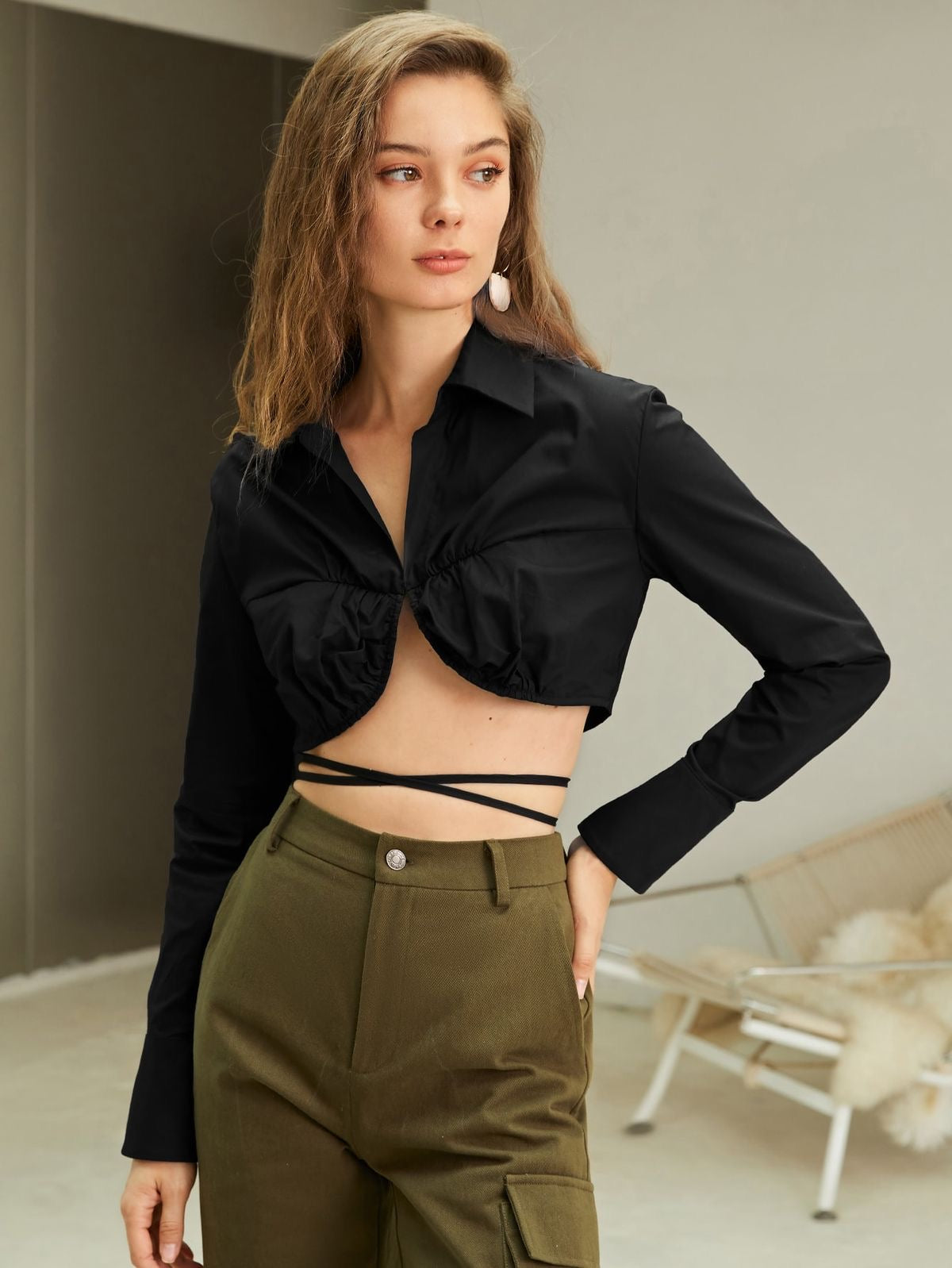 Tie Back Shirt Crop Top XD21