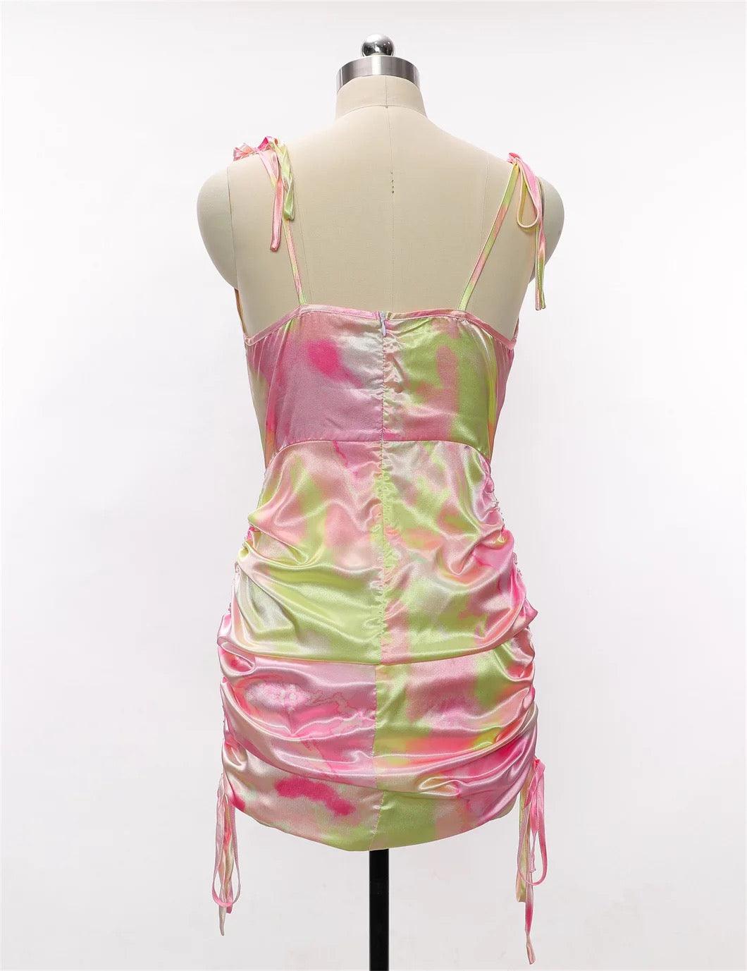 SILKY PINK TIE DYE LACE UP MINI DRESS - XD21