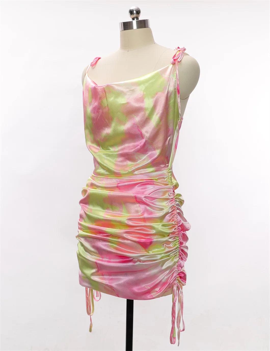 SILKY PINK TIE DYE LACE UP MINI DRESS - XD21