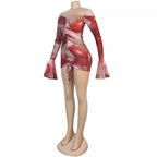 Tie Dye Off Shoulder Ruched Bodycon Dress XD21