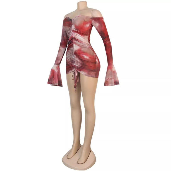 Tie Dye Off Shoulder Ruched Bodycon Dress